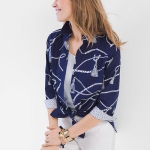 CHICOS WOMENS 3/4 SLEEVE CUFFED NO IRON NAUTICAL NAVY TOP  SLIT SIDE HEM SZ 1